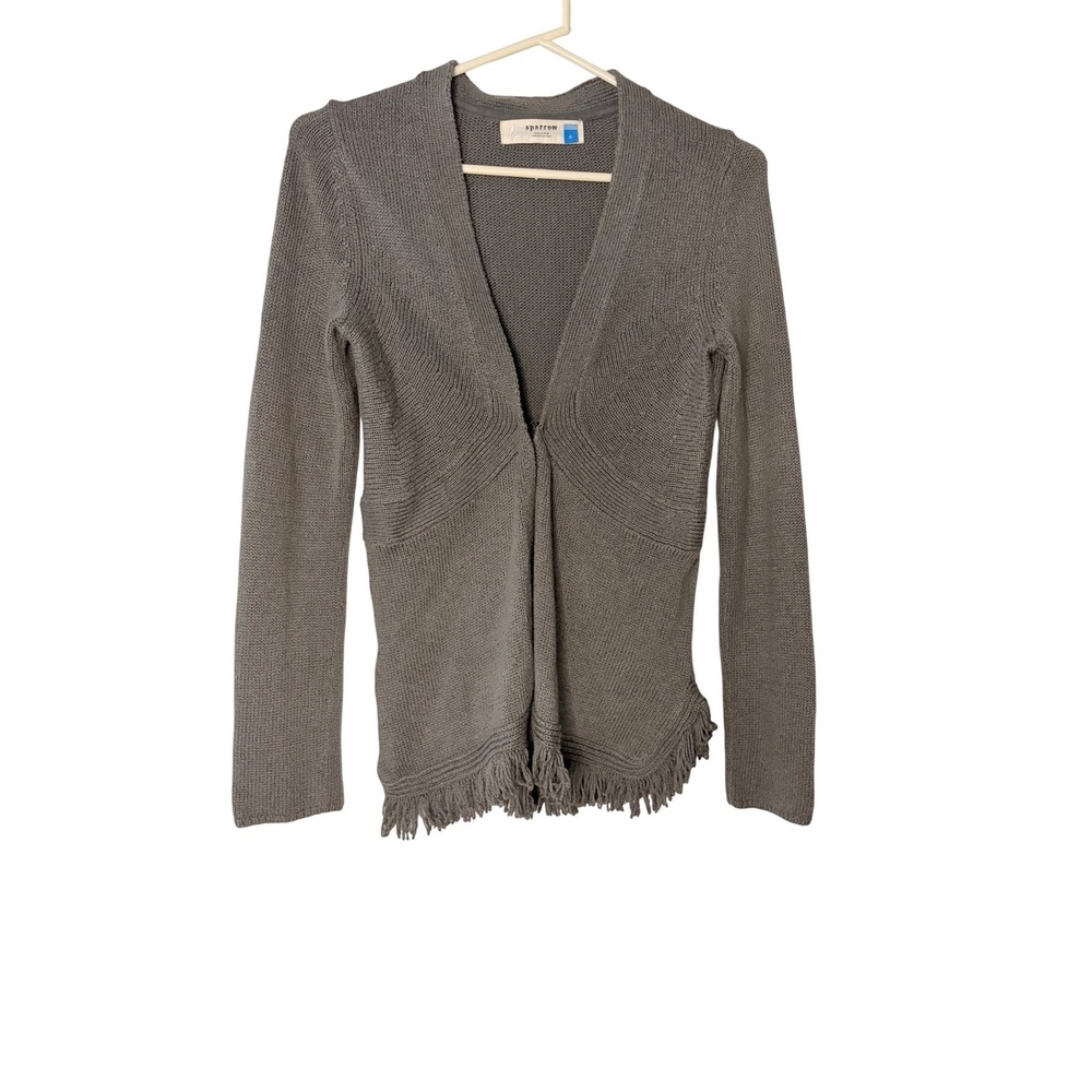 Sparrow Anthropologie Gray‎ Fringe Hem Knit Cardigan Sweater Hook Eye Closure S